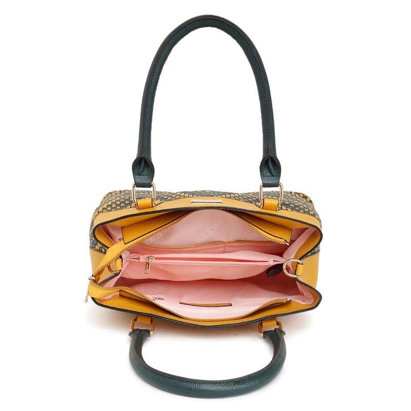 KLEIO Faux Leather Hand Weave Satchel Handbag for Women - Mustard - Image 5